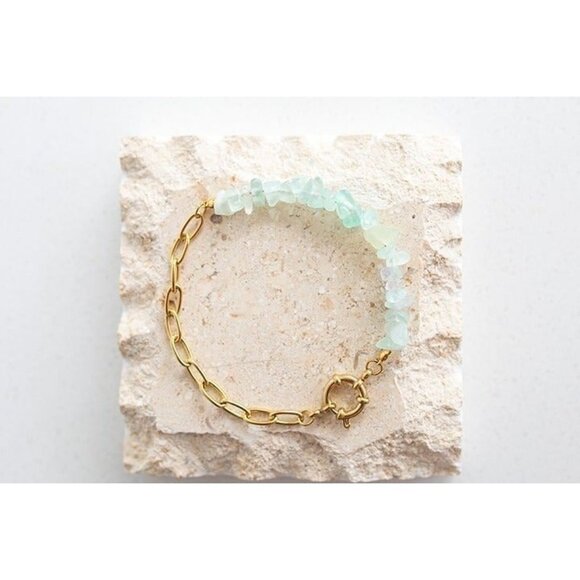 Beachy Aqua colored Fluorite Gemstone Bracelet Waterproof paperclip Chain - Picture 3 of 6